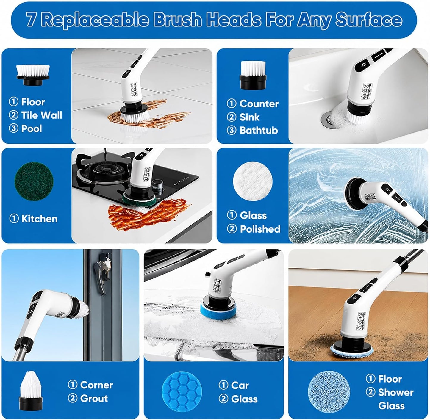 7-in-1 Electric Spin Scrubber with Long Handle, Cordless Power Scrubber with 2 Speeds & 7 Replaceable Brush Heads for Bathroom, Shower, Bathtub, Tile, Floor, Glass & Car Cleaning.