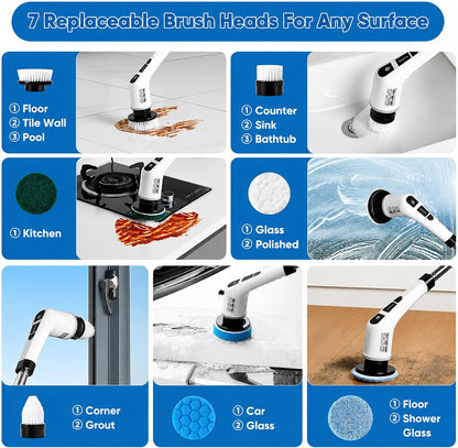 7-in-1 Electric Spin Scrubber with Long Handle, Cordless Power Scrubber with 2 Speeds & 7 Replaceable Brush Heads for Bathroom, Shower, Bathtub, Tile, Floor, Glass & Car Cleaning.