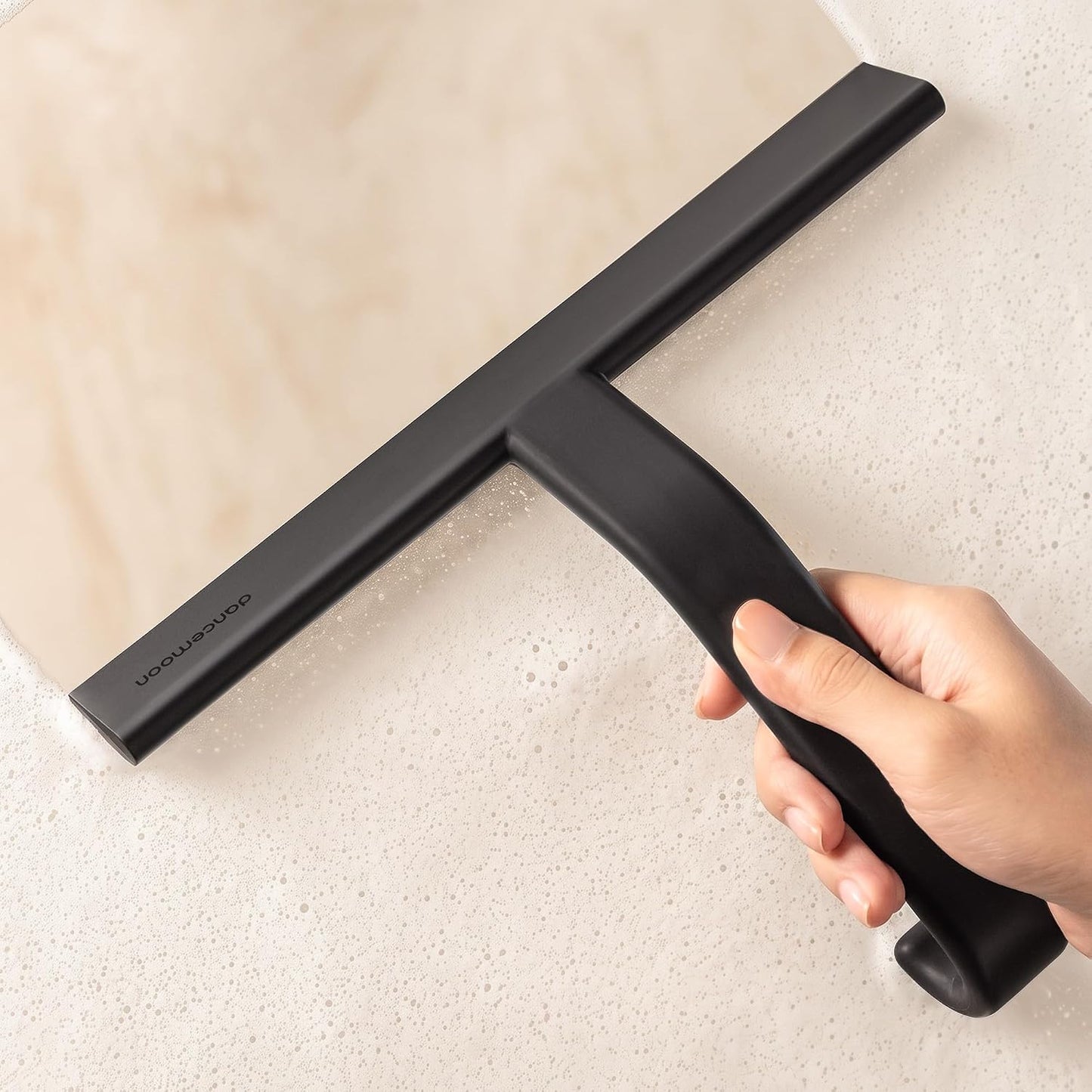 dancemoon JustHang Shower Squeegee for Glass Doors, All-One-Piece Award-Winning Silicone Squeegee with Built-in Hook for Bathroom, Window, Mirror, Tile Wall,Car, Streak-Free Cleaner Tool,10-Inch Black