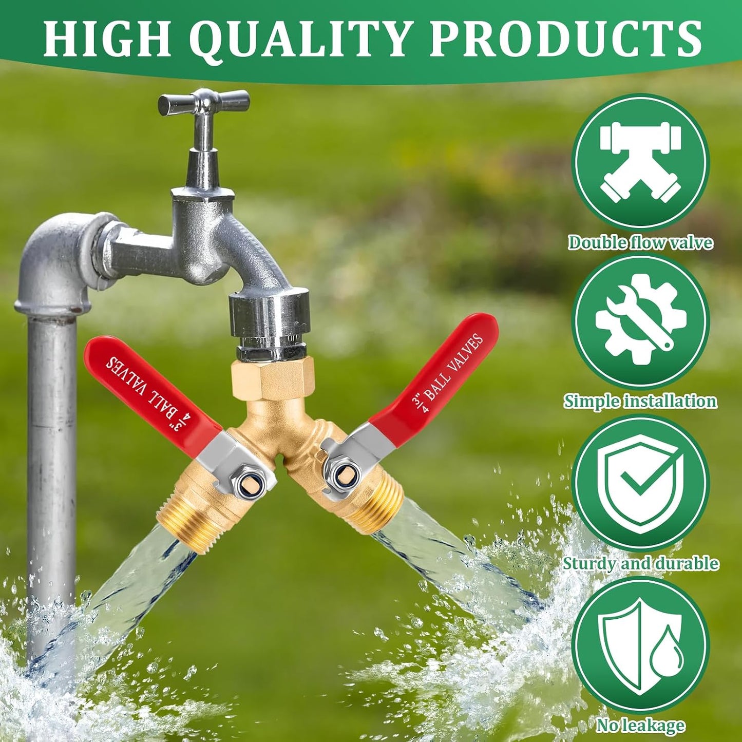 Garden Hose Splitter 2 way Heavy Duty, Brass Water Hose Splitter High Flow With Long Handle, 3/4 Inch Garden Hose Y Valve Garden Splitter, Full Flow Y Valve Hose Splitter With Wrench