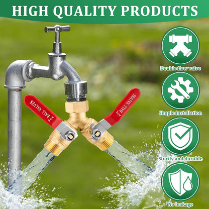 Garden Hose Splitter 2 way Heavy Duty, Brass Water Hose Splitter High Flow With Long Handle, 3/4 Inch Garden Hose Y Valve Garden Splitter, Full Flow Y Valve Hose Splitter With Wrench