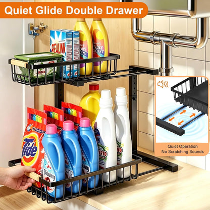 REALINN Under Sink Organizer, 2 Pack Height Adjustable Under Sink Organizers and Storage, 2 Tier Pull Out Drawer Cabinet Storage for Kitchen Bathroom, White