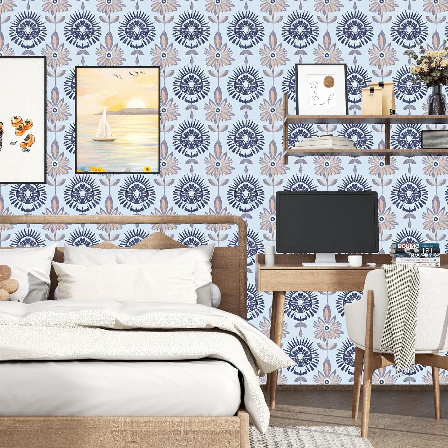 BOKEBEVE Leaves Contact Paper Floral Wallpaper Stick and Peel Boho Damask Wall Paper for Liner Drawer Cabinet Backsplash Renter Friendly Waterproof 17.5 x 118In