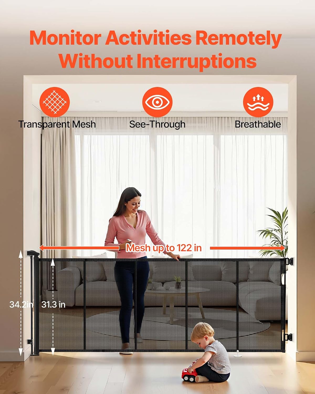 VEVOR Retractable Baby Gate, Extends to 202.7 inch Extra Wide, 39 inch Tall, with Reinforced Fiberglass Strips, Avoids Crawling Through, Mesh Dog Gate for Decks, Doorways, Garages, Indoor, Black