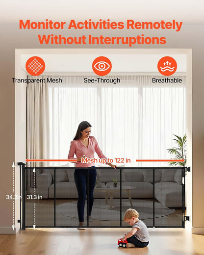 VEVOR Retractable Baby Gate, Extends to 202.7 inch Extra Wide, 39 inch Tall, with Reinforced Fiberglass Strips, Avoids Crawling Through, Mesh Dog Gate for Decks, Doorways, Garages, Indoor, Black