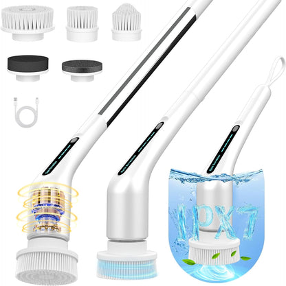Electric Spin Scrubber, Cordless IPX7 Waterproof, Dual Speed Shower Scrubber with Adjustable Long Handle, 7 Replaceable Brush Heads for Bathroom, Bathtub, Tile Floor, Toilet, Kitchen & Car