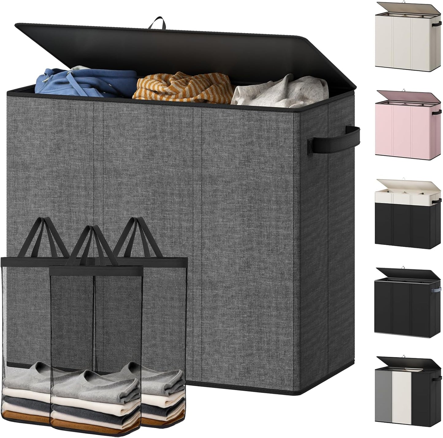 Optish 180L Laundry Hamper 3 Section, Large Laundry Hamper with Lid, Dirty Clothes Hampers with 3 Inner Bags, Laundry Basket Organizer for Laundry, Bedroom, Bathroom, Hamper 3 Compartment, Black