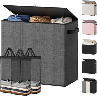 Optish 180L Laundry Hamper 3 Section, Large Laundry Hamper with Lid, Dirty Clothes Hampers with 3 Inner Bags, Laundry Basket Organizer for Laundry, Bedroom, Bathroom, Hamper 3 Compartment, Black