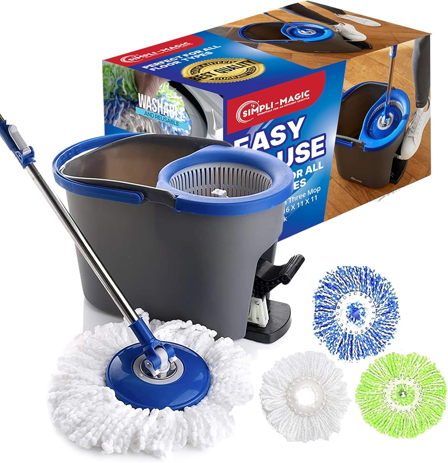 Simpli-Magic 79349 Spin Mop Cleaning System with 3 Microfiber Mop Heads, Red/Black