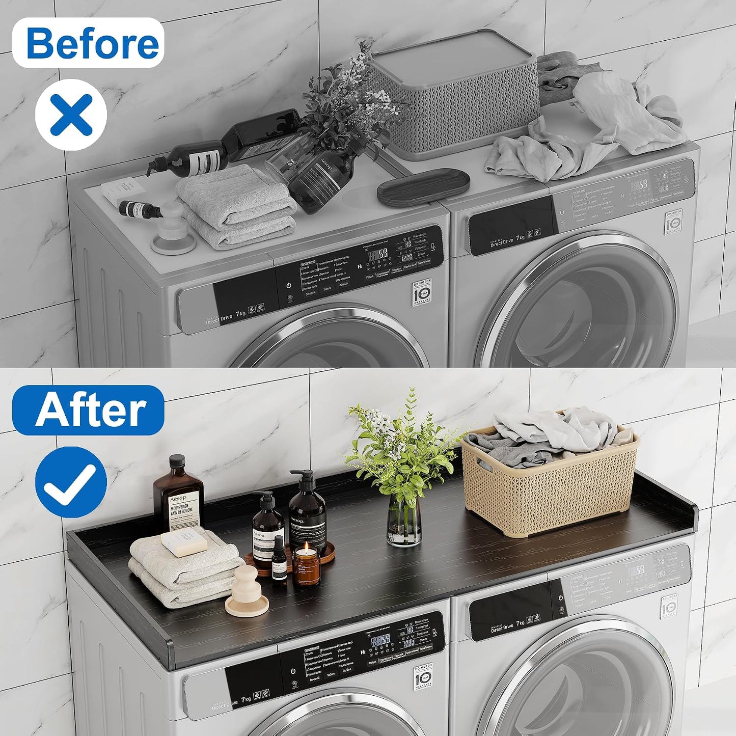efluky Washer Dryer Countertop, Wood Countertop with Edge Rails for Laundry Room Organization and Storage, Washer Dryer Topper for Laundry Room, 27.5" x 54" Black