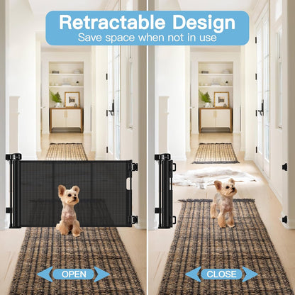 Short Dog Gate 0"-39" Wide Narrow Baby Gate 24” Tall Retractable Short Pet Gate to Step Over Short Baby Gate for Doorway, Low Pet Gate Indoor Doggie Gates Mesh Puppy Gate for Stairs, Black