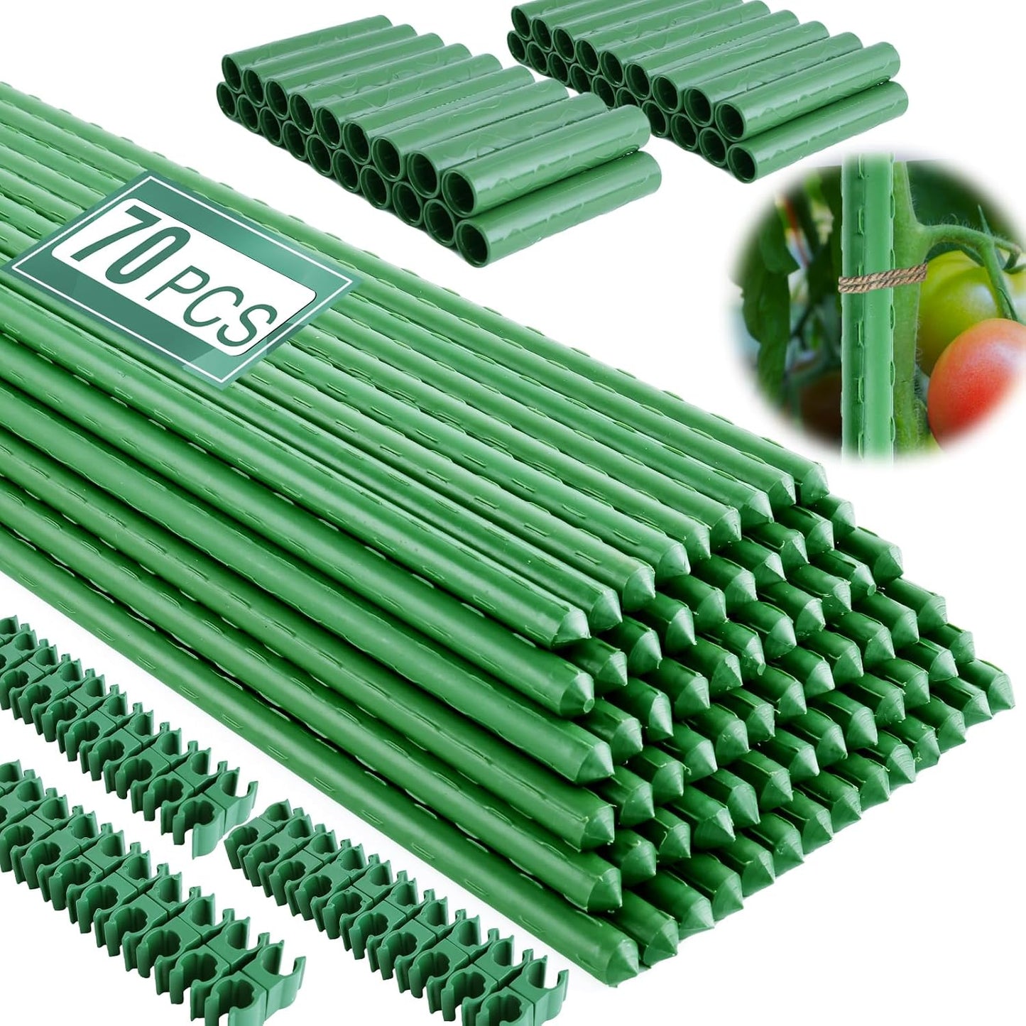 Fabulas Garden Stakes 16 Inch 30 Pack, Diy 4ft 5ft 6ft 7ft 8ft Tomato Stakes Plastic Coated Metal Plant Sticks Stakes Supports with 20 Connectors 15 Rotatable Clips for Indoor Outdoor Plants Vegetable