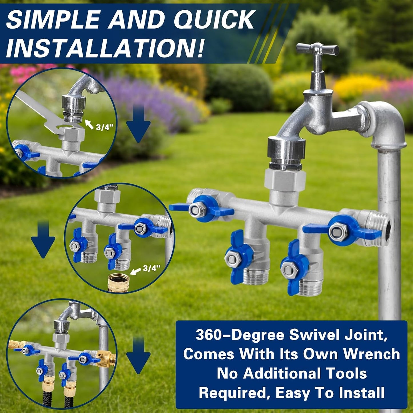 304 Stainless Steel Garden Hose Splitter 2 Way, Heavy Duty 3/4" GHT Y Hose Splitter with Shut-Off Valves, Full Flow Outdoor Faucet Connector with Wrench