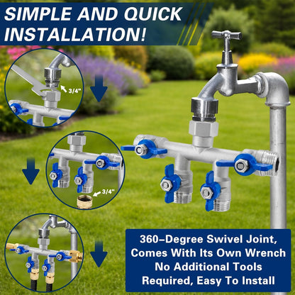 304 Stainless Steel Garden Hose Splitter 2 Way, Heavy Duty 3/4" GHT Y Hose Splitter with Shut-Off Valves, Full Flow Outdoor Faucet Connector with Wrench