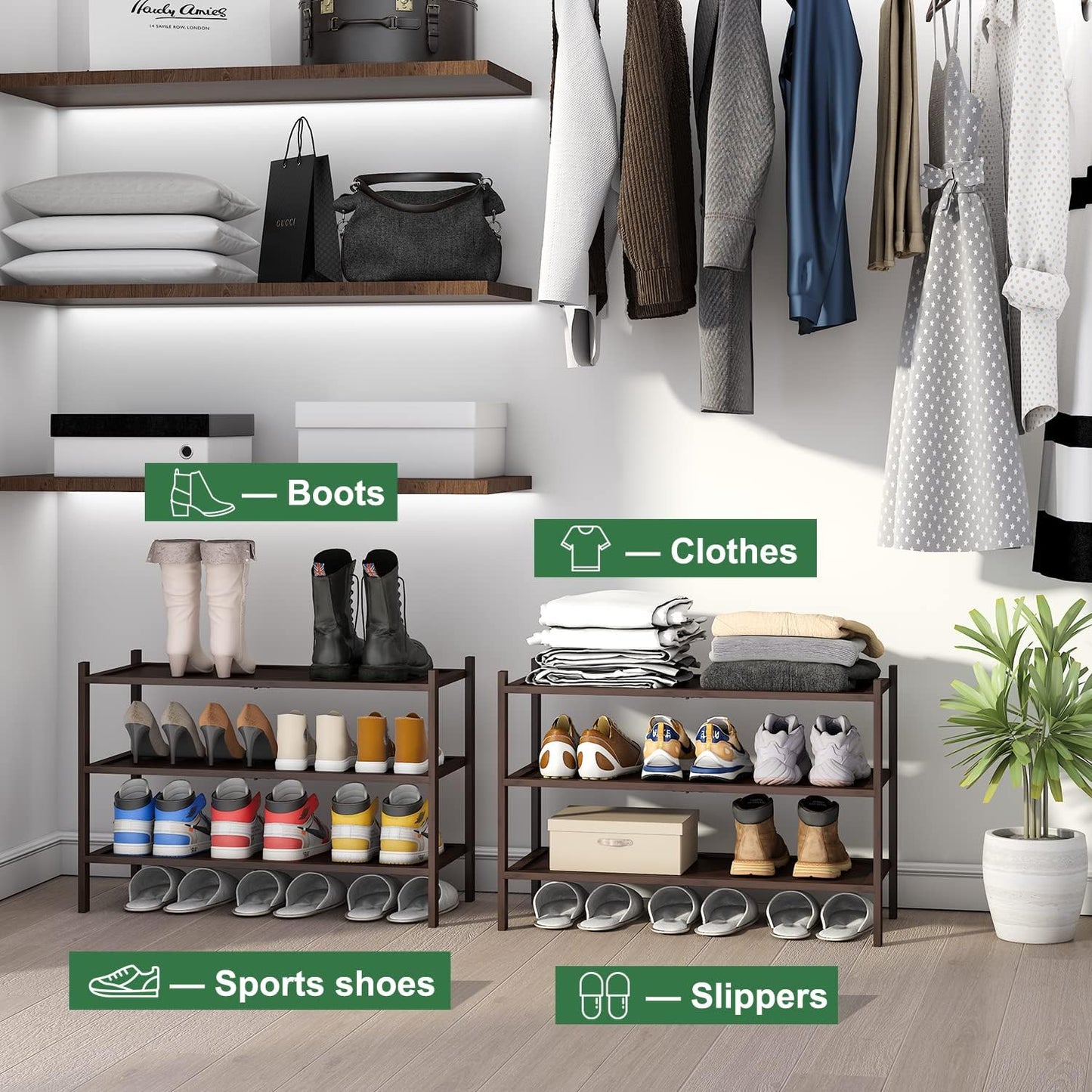kiplant Small Shoe Rack, 4-Tier Bamboo Wood Shoe Rack for Entryway, Stackable Shoe Organizer for Hallway Closet, Free Standing Shoe Racks for Indoor & Outdoor