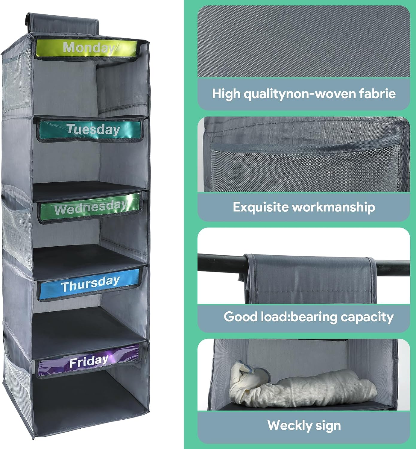 5-Shelf Weekly Clothes Organizer for Kids Days of The Week Hanging Storage Shelves Dorm Room Essential Daily Shelf Hanging Closet Organizer with 6 Side Pockets…