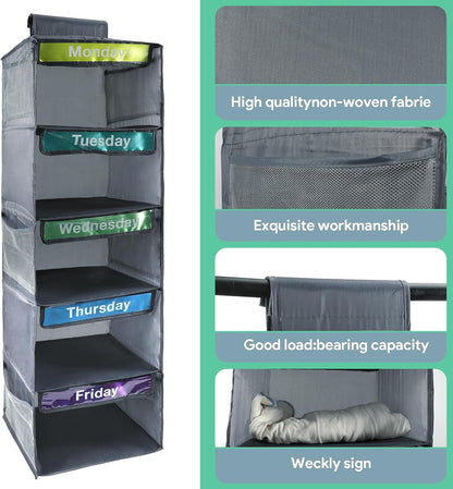 5-Shelf Weekly Clothes Organizer for Kids Days of The Week Hanging Storage Shelves Dorm Room Essential Daily Shelf Hanging Closet Organizer with 6 Side Pockets…