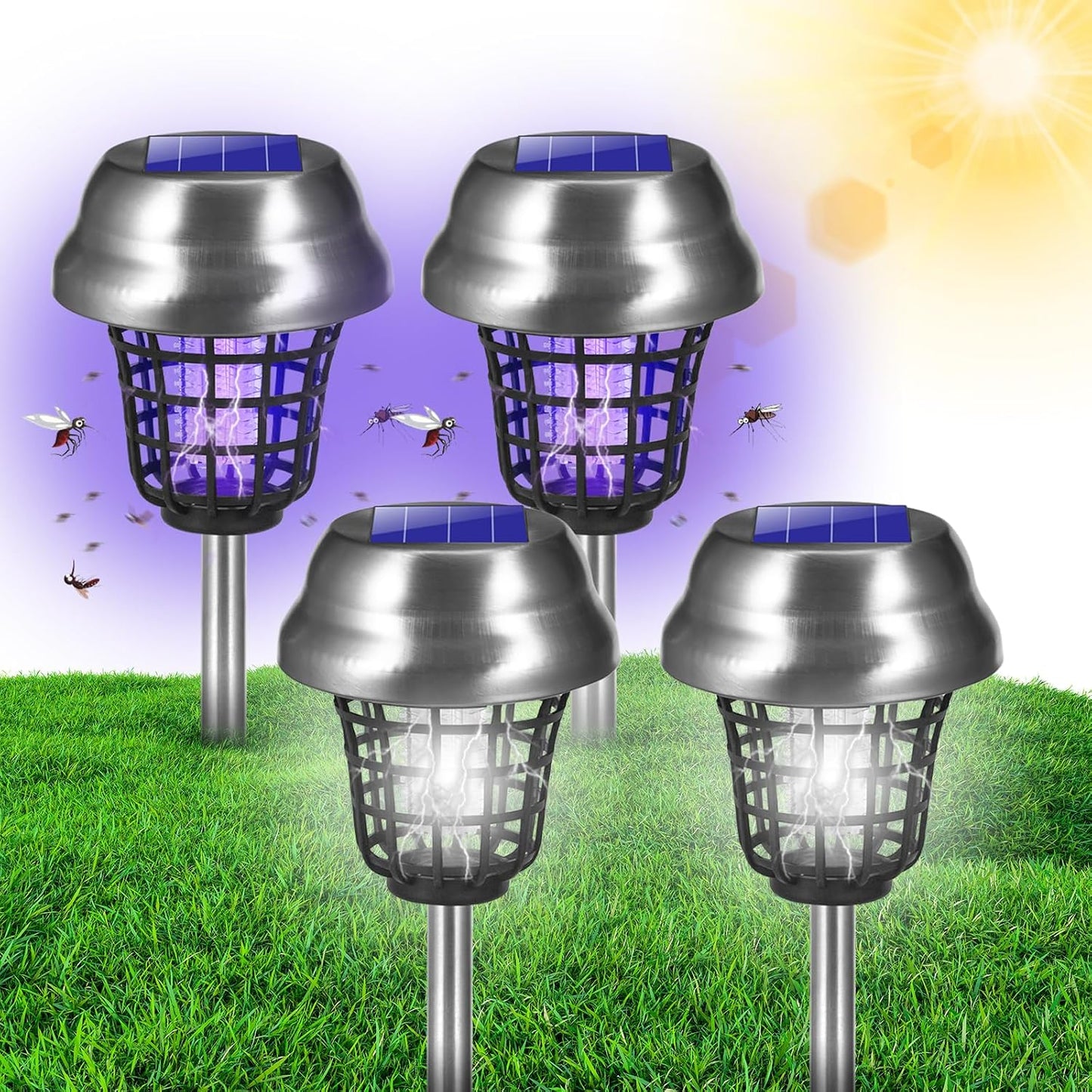 Solar Bug Zapper Outdoor Waterproof Mosquito Repellent Outdoor Patio Mosquito Trap & Killer for Backyard, Farm, Garden, 2026 Solar Powered Fly Zapper for Small Flying Insect, Gnats, Flies, Moths(4)