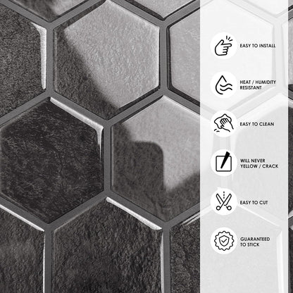 10-Sheet Hexagon Peel and Stick Backsplash for Kitchen, New Upgrade Premium Extra Thicker Design 3D Self Adhesive Wall Tiles, Large Stick on Tiles for Kitchen and Bathroom (12" x 12")