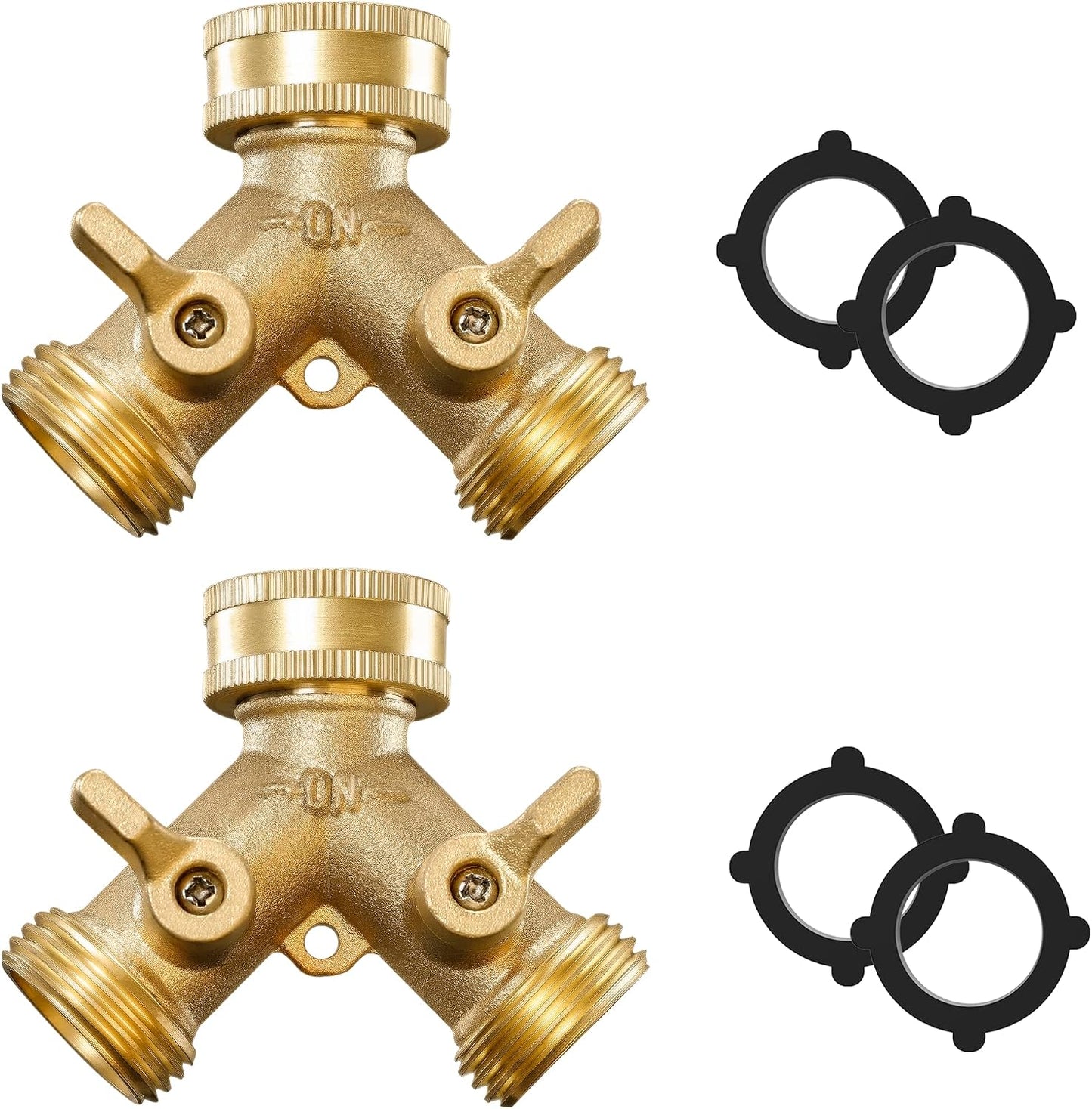 IPOW Solid Brass Body Backyard 2 Way Heavy Duty Y Valve Garden Hose Connector Splitter Adapter + 4 Rubber Hose Washers with Comfort Grip Use, 2 Pack