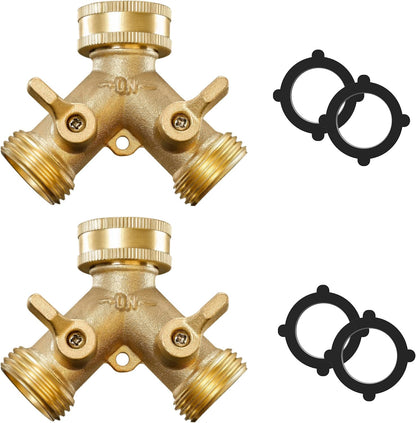 IPOW Solid Brass Body Backyard 2 Way Heavy Duty Y Valve Garden Hose Connector Splitter Adapter + 4 Rubber Hose Washers with Comfort Grip Use, 2 Pack