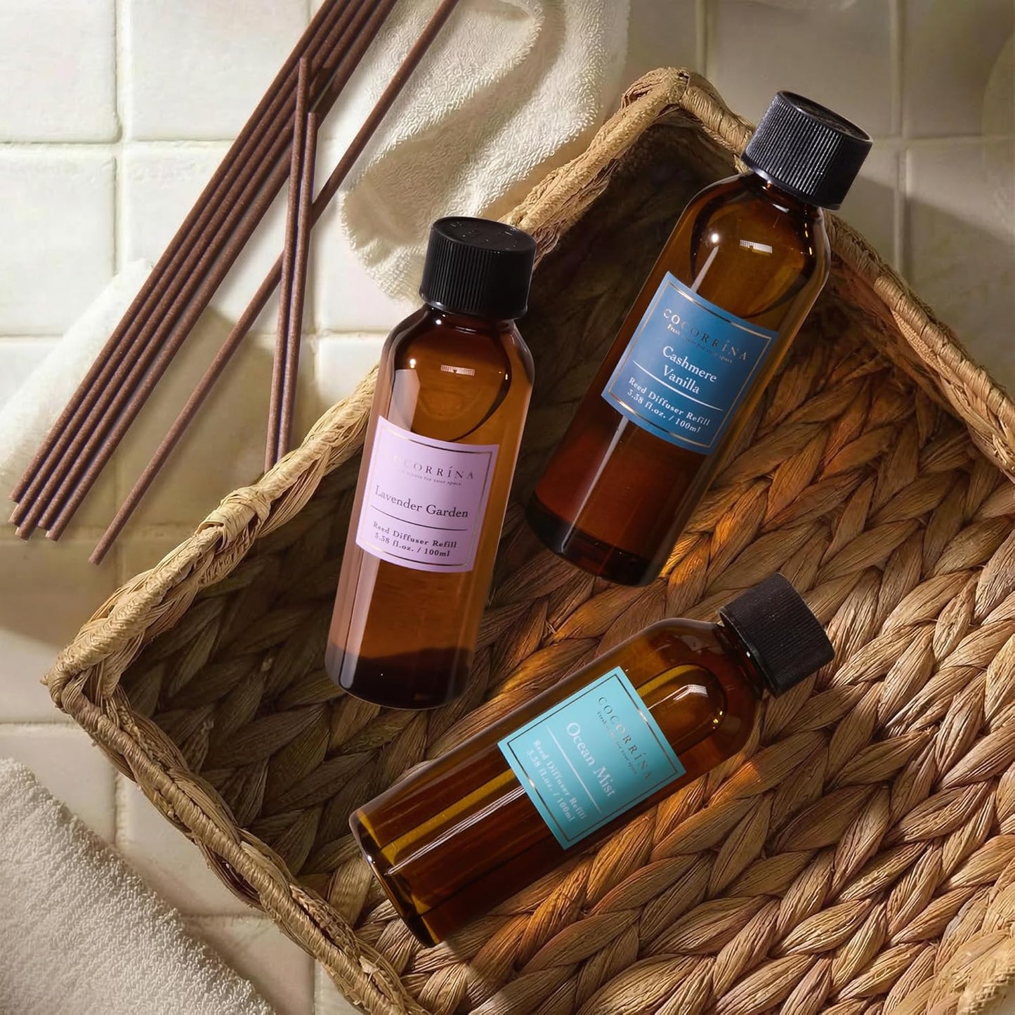 COCORRÍNA Reed Diffuser Refill Set, 10.2oz Scented Oil Refill 3 Pack, Clean Linen, Ocean Mist, Eucalyptus & Moss, Long Lasting Oil Diffuser Refill with 18 Sticks for Bathroom & Bedroom