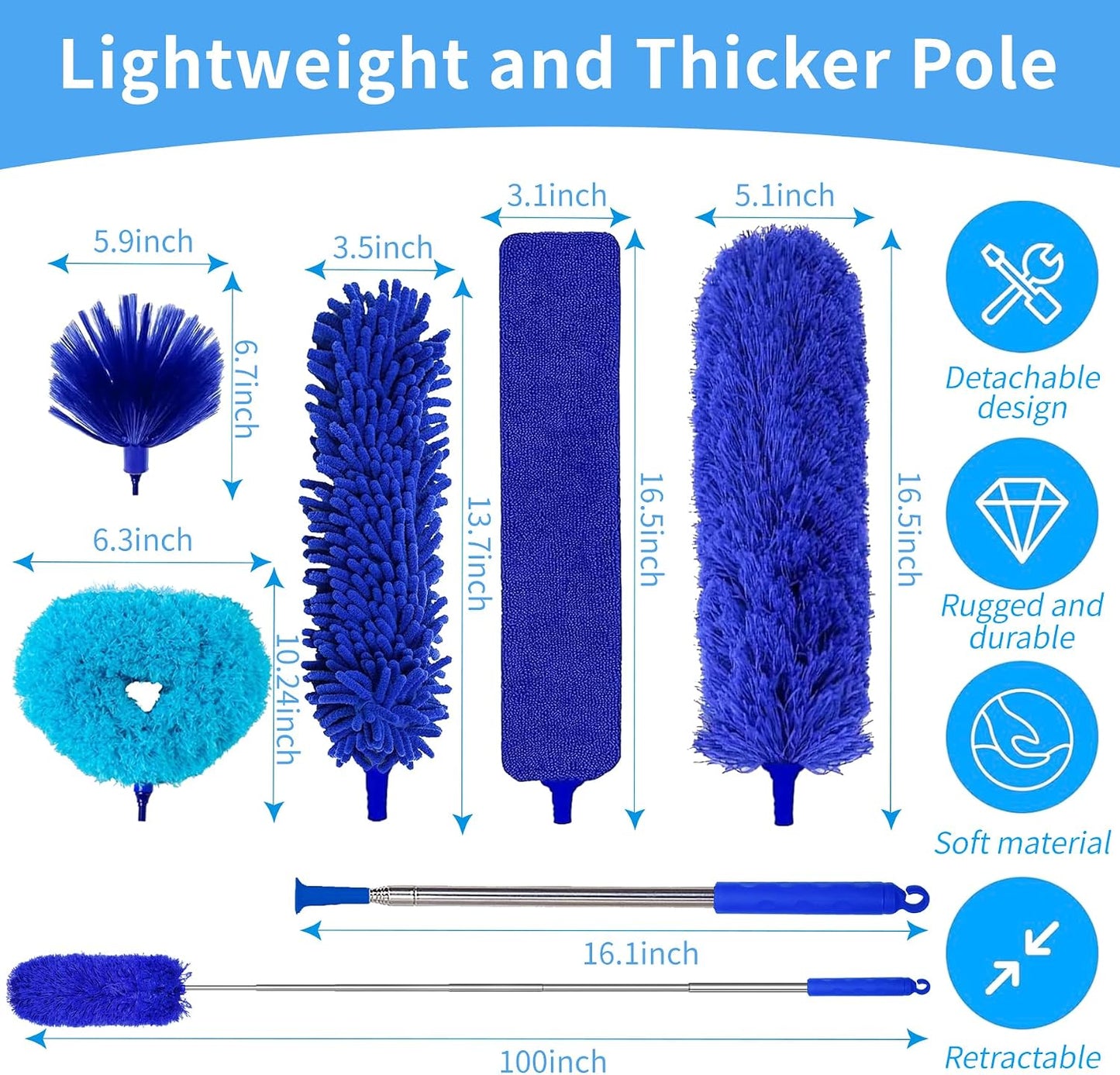 Duster with Extension Pole - Blue | 5-in-1 Kit Dusters for Cleaning, Extendable Duster with 100 Inches, Microfiber Dusters for Ceiling Fans, Furniture, Blinds