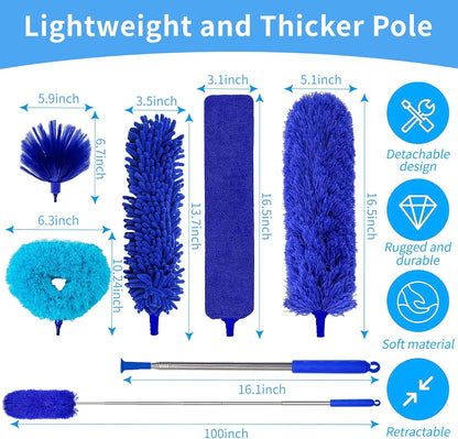 Duster with Extension Pole - Blue | 5-in-1 Kit Dusters for Cleaning, Extendable Duster with 100 Inches, Microfiber Dusters for Ceiling Fans, Furniture, Blinds