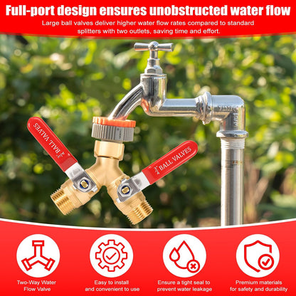 Hose Splitter 2 Way, 3/4 Inch GHT Thread Y Valve Connector with Stainless Steel Long Handle, Full Flow Garden Brass Hose Splitter for Outdoor Watering, Irrigation, Washing