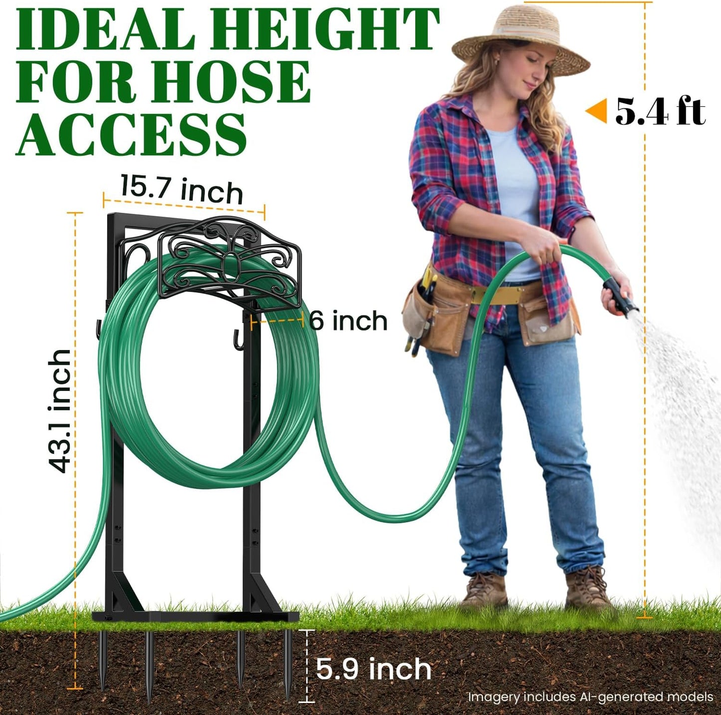 Sunvigor Garden Hose Holder, Heavy Duty Metal Hose Stand with 4 Spikes, Holds Up to 150FT Hose, No Drill Freestanding Hose Reel Alternative for Yard Lawn Outdoor