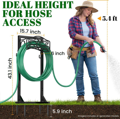 Sunvigor Garden Hose Holder, Heavy Duty Metal Hose Stand with 4 Spikes, Holds Up to 150FT Hose, No Drill Freestanding Hose Reel Alternative for Yard Lawn Outdoor