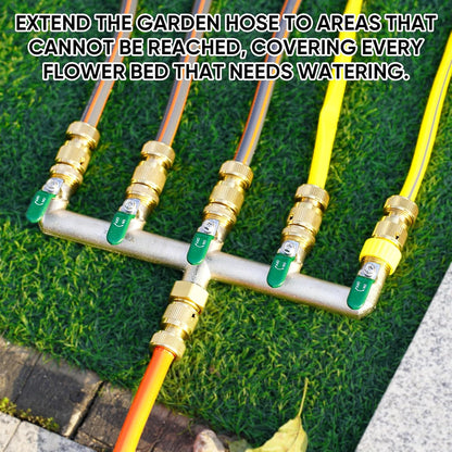 Garden Hose Splitter, 3/4” Rust and Freeze Resistant Outdoor Hose Manifold with 2 green Extra Long Handles Faucet Adapter-Heavy Duty Brass Nickel Plated 2-Way Valve