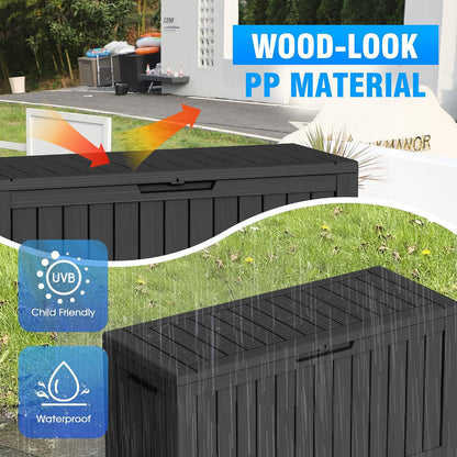 Outdoor Waterproof Resin Storage Deck Box Lockable Outside Bench UV Resistant Bin Patio Porch Furniture Pool Float Garden Tool Cushion (Black, 85 Gallon)