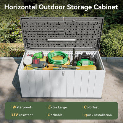 AOXUN Horizontal Storage Sheds 21 Cu.ft, HDPE Outdoor Storage Box 160 Gallon, Waterproof Lockable Resin Deck Box with Spring-Assisted Lid, Patio Storage for Garden, Pool, Cushions, Tools, White