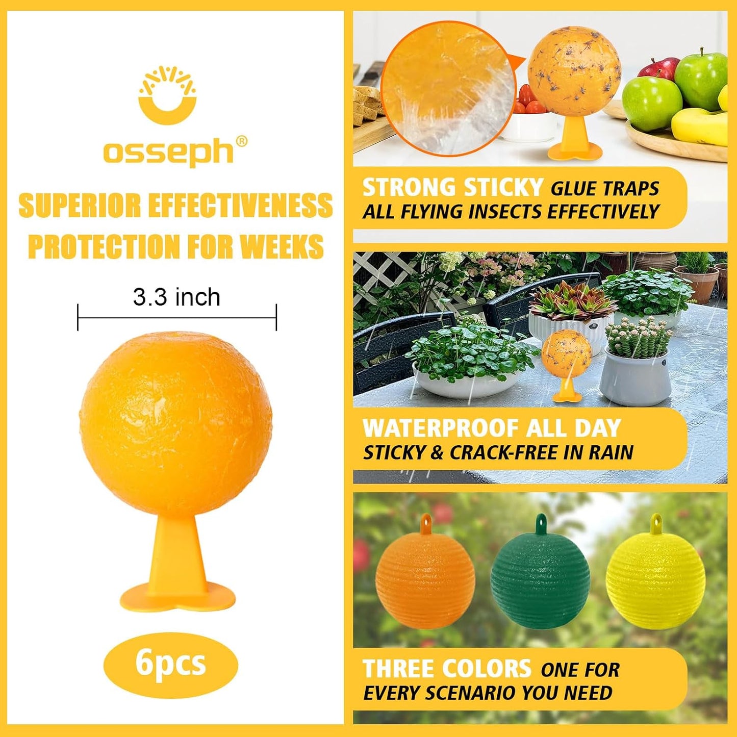 Upgraded Sticky Hanging Ball with Base, osseph Sticky Fruit Fly Trap Balls | Physical Odorless Insect Catcher with 360°, Waterproof Hanging Bug Traps for Indoor Outdoor Garden Fruit Trees (Yellow)
