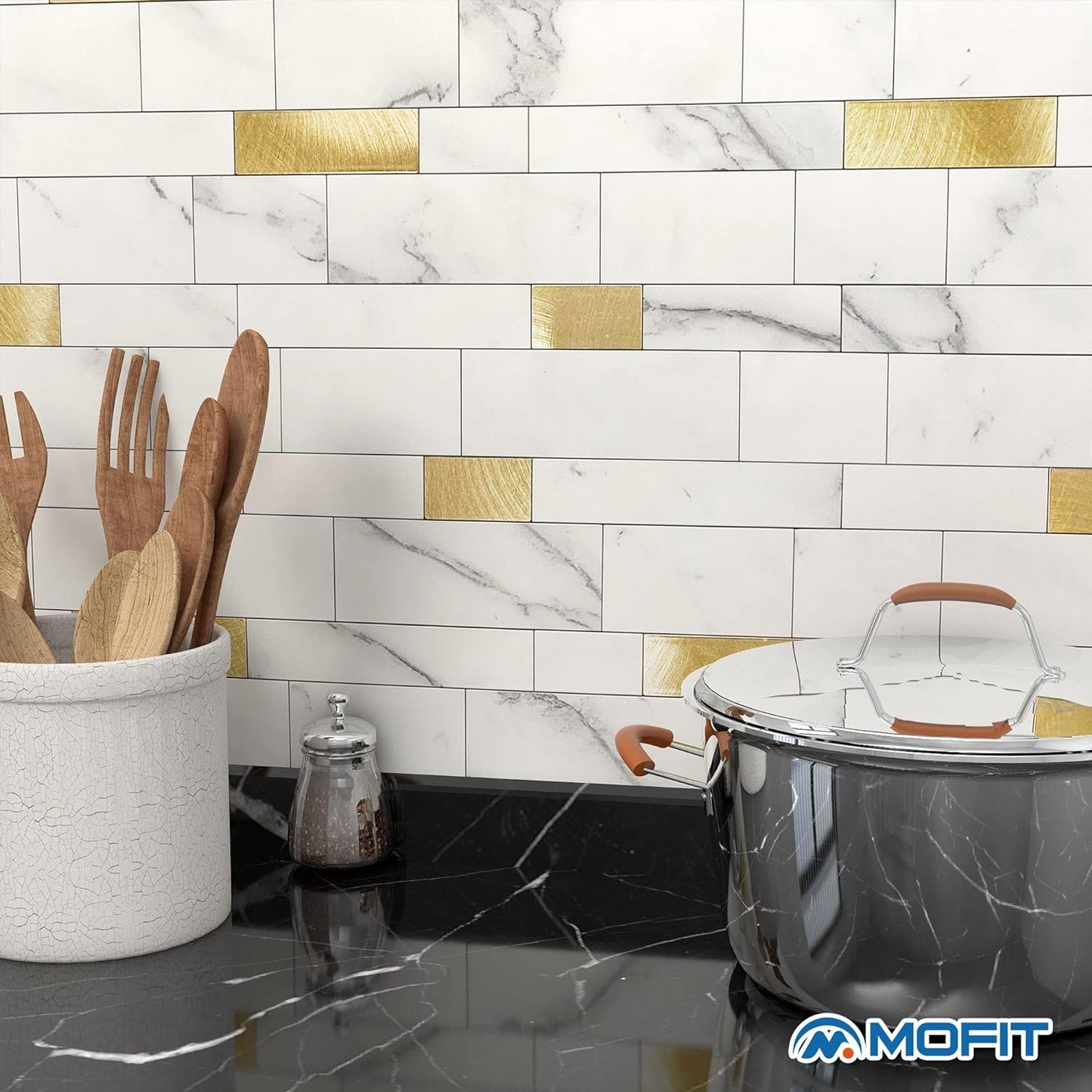 MOFIT Backsplash Tile for Kitchen Peel and Stick Stone Matte Finish,Bathroom Tiles Stickers 3D Wall Panel Linear Mosaic Marble Backsplash Waterproof(10sheets,Blue Green Gray)