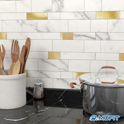 MOFIT Backsplash Tile for Kitchen Peel and Stick Stone Matte Finish,Bathroom Tiles Stickers 3D Wall Panel Linear Mosaic Marble Backsplash Waterproof(10sheets,Blue Green Gray)