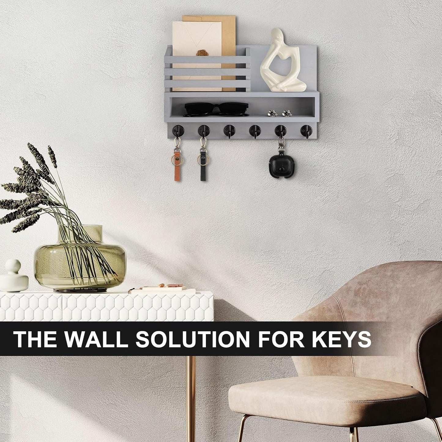 Key and Mail Holder Wall Mount, Key Hanger with Long Storage Box and 5 Hooks for Coat, Dog Leash, Home Decor Rack, House Accessories, Entry Way Organizer 11.8”W x 7.8”H x 3.2”D