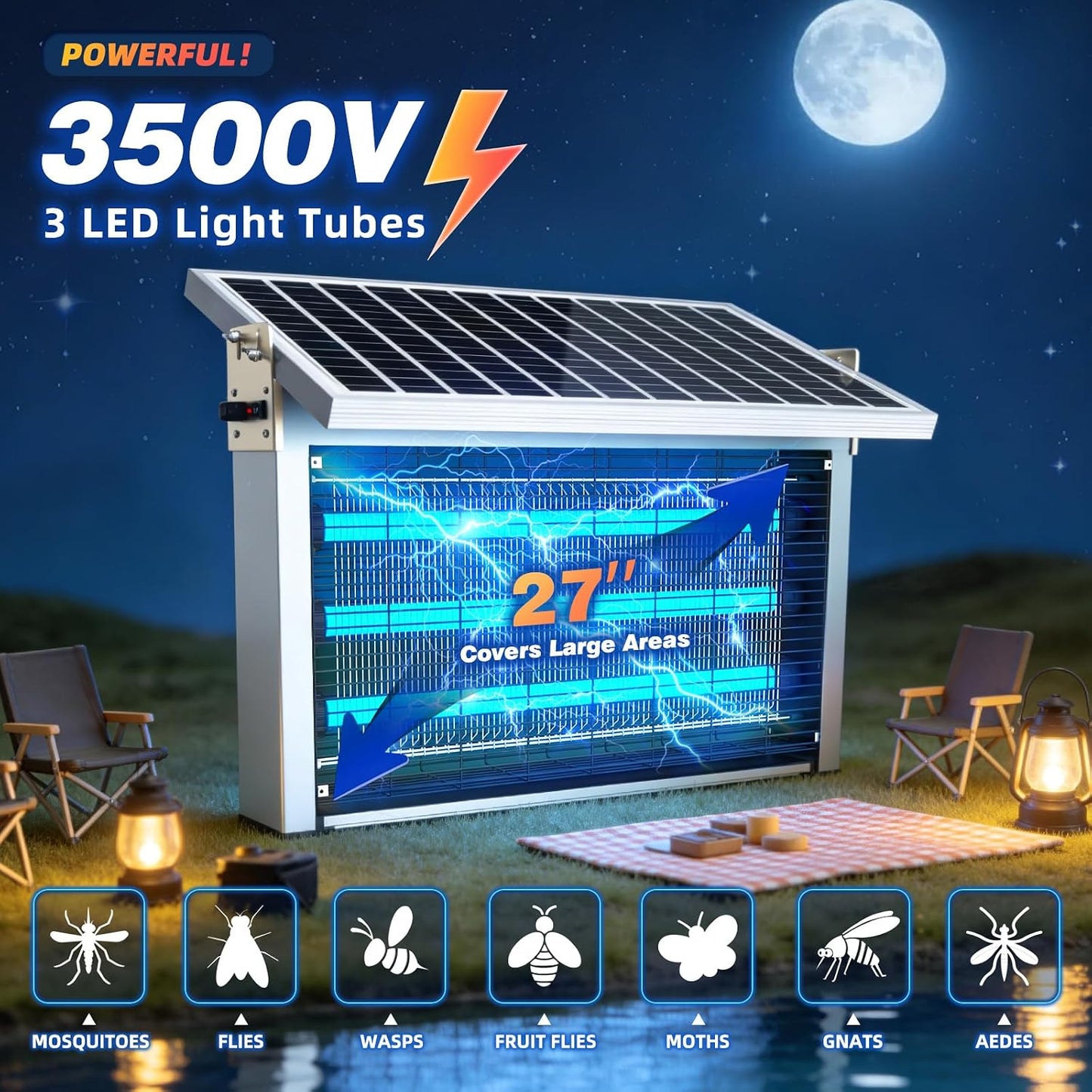 Powerful Large Solar Bug Zapper for 3000 sq.ft with 13FT Extension Cord | Rechargeable Outdoor Mosqutio Killer with 13W Solar Panel, Waterproof Solar Bug Zapper for Patio Garden Backyard RV Camping
