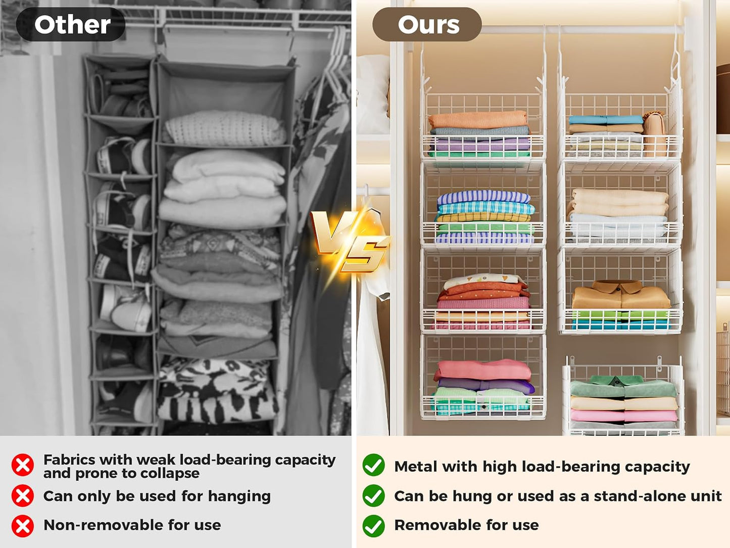 8-Tier Extended Depth Hanging Closet Organizers and Storage for Closet System, Stackable Closet Shelves with 4 Adjustable Dividers for Clothes Sweaters Purses, Wire Hanging Basket Fits Closet Laundry