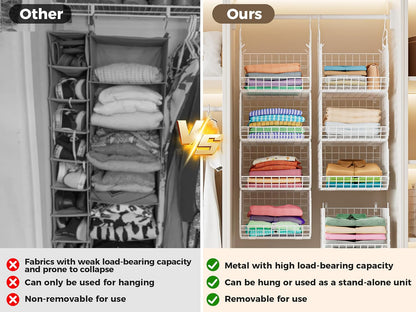 8-Tier Extended Depth Hanging Closet Organizers and Storage for Closet System, Stackable Closet Shelves with 4 Adjustable Dividers for Clothes Sweaters Purses, Wire Hanging Basket Fits Closet Laundry
