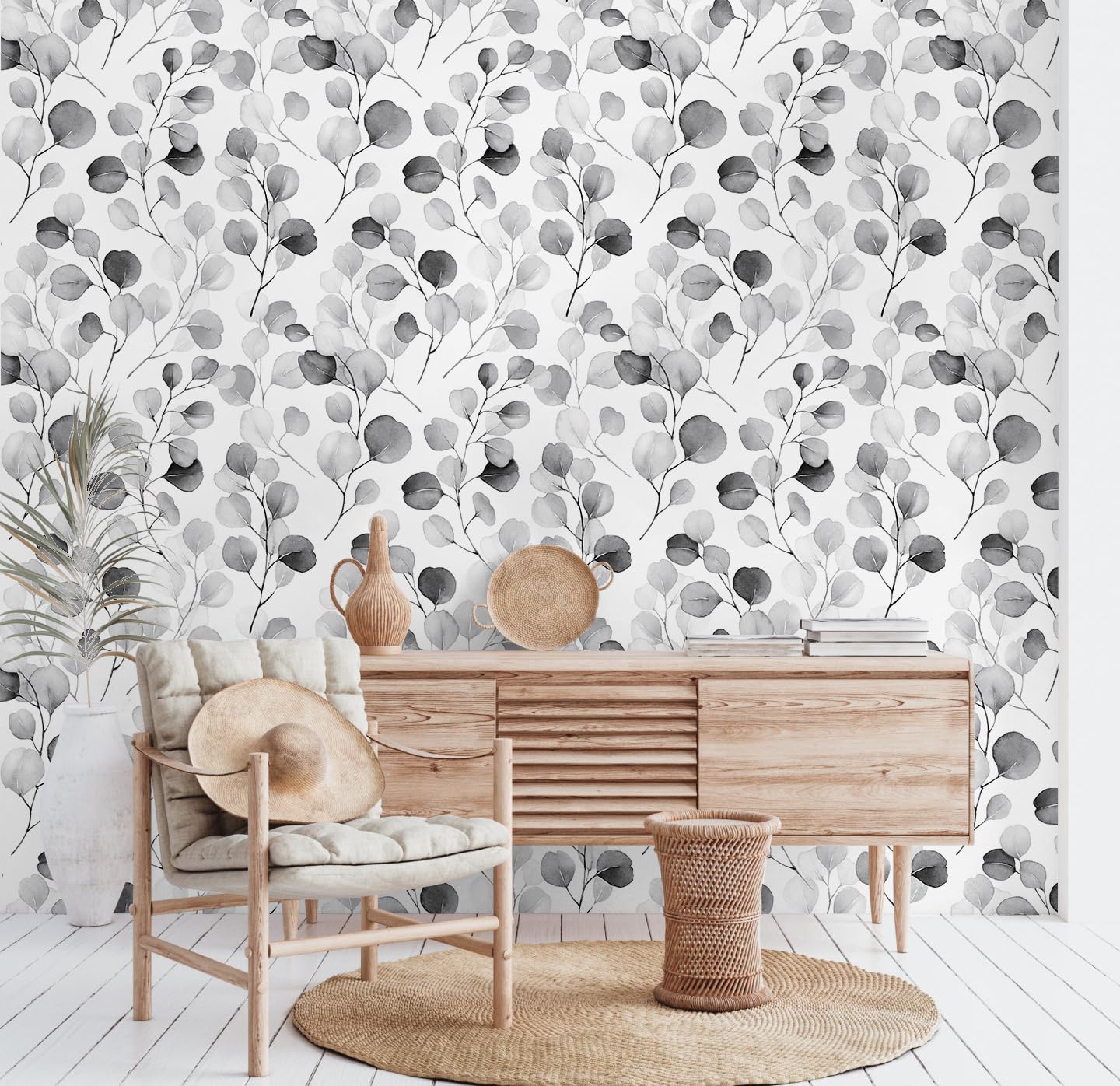 HAOKHOME Peel and Stick Wallpaper Boho Green/White Botanical Leaf Floral Wall Mural Home Nursery Decor Renter Friendly Wallpaper 17.3in x 9.8ft