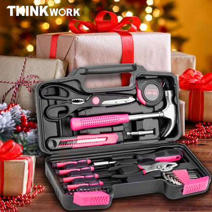 THINKWORK Pink Tool Set - 207 Piece Lady's Portable Home Repairing Tool Kit with 13'' Wide Mouth Open Storage Tool Bag, Perfect for DIY, Home Maintenance - Christmas Gift for Women, LHTS-034