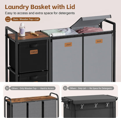 Hoctieon 4 Section Laundry Cart, 48 Gal. (182L) Laundry Hamper with Lid, Laundry Basket with Wheels, Rolling Laundry Sorter Organizer with Shelf, Clothes Separator with Removable Bags, Black