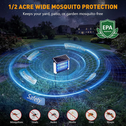 Solar Bug Zapper Outdoor, 4500V Solar Mosquito Zapper for Outdoor & Indoor, 1/2 Acre Coverage Cordless Rechargeable Electric Fly Zapper, IPX5 Waterproof Mosquito Traps for Backyard, Patio, Camping
