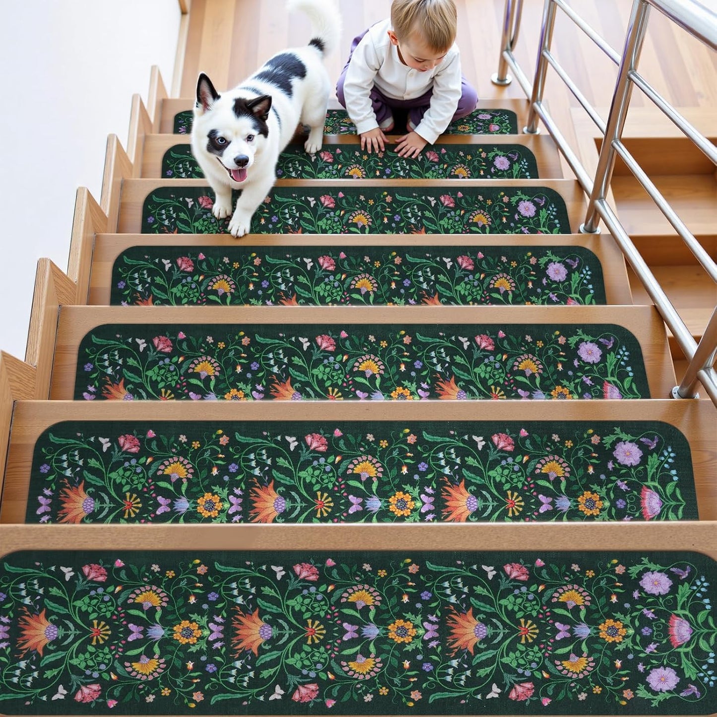 OJIA Floral Stair Treads Non-Slip Carpet Stair Treads for Wooden Steps Indoor 15PCS 30"x8" Stair Runner Stair Mats Staircase Step Treads for Kids, Elders and Dogs, Stair Covers, Black