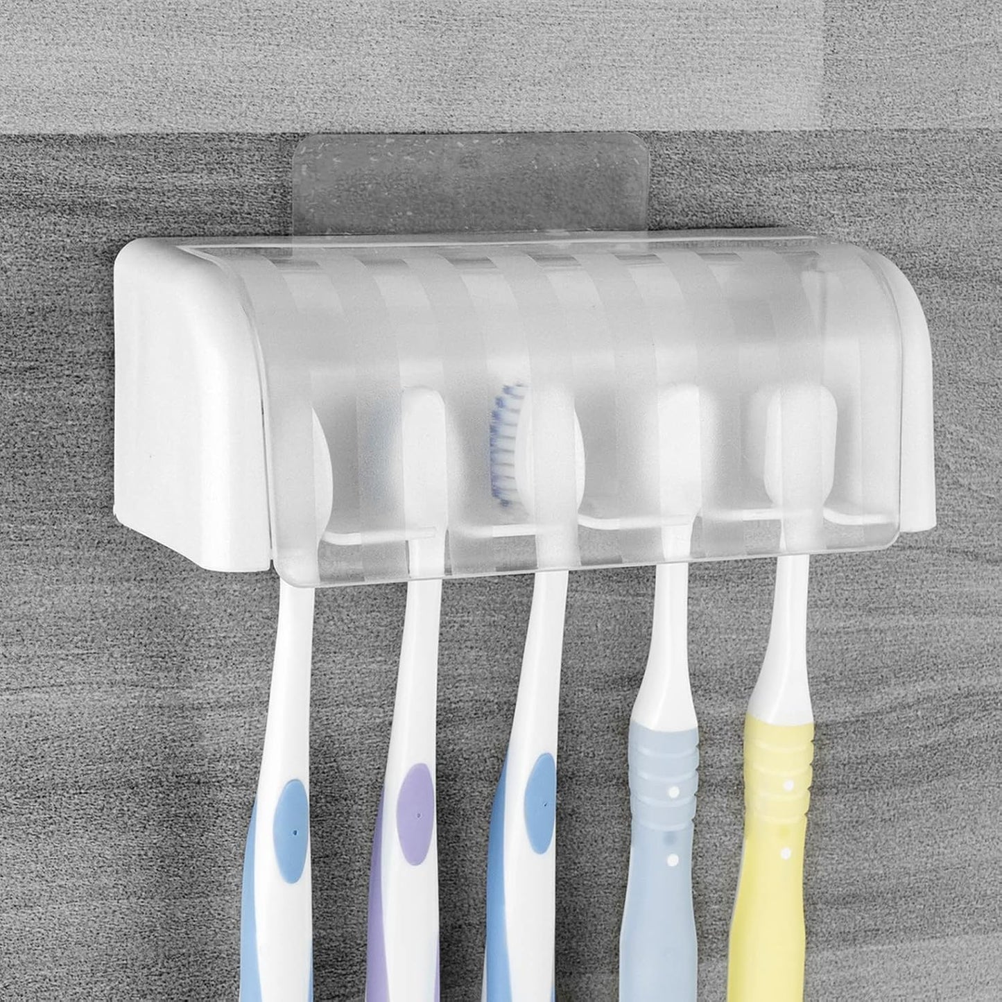 5 Slots Wall Mount Toothbrush Holder with Cover, Self Adhesive Toothbrush Storage Organizer for Shower, Toothbrush Hanger with Automatic Toothpaste Squeezer Dispenser
