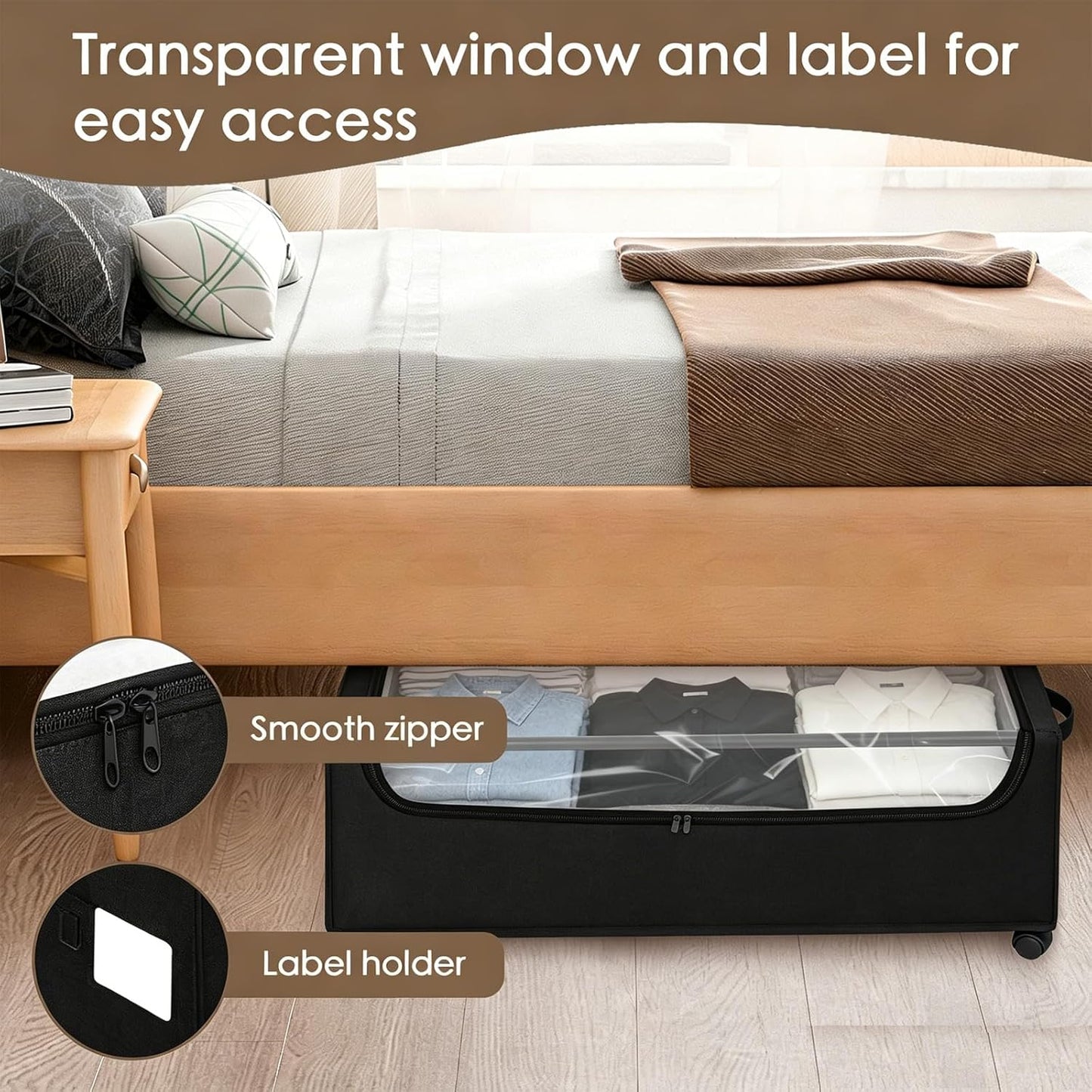 Under Bed Storage with Wheels, 2-Pack Under the Bed Storage Containers with Clear Lids & Label, Underbed Storage Bins, XXXL 85L 11 inches Rolling Metal Drawer for Clothes, Shoes, Toys, Books - Gray