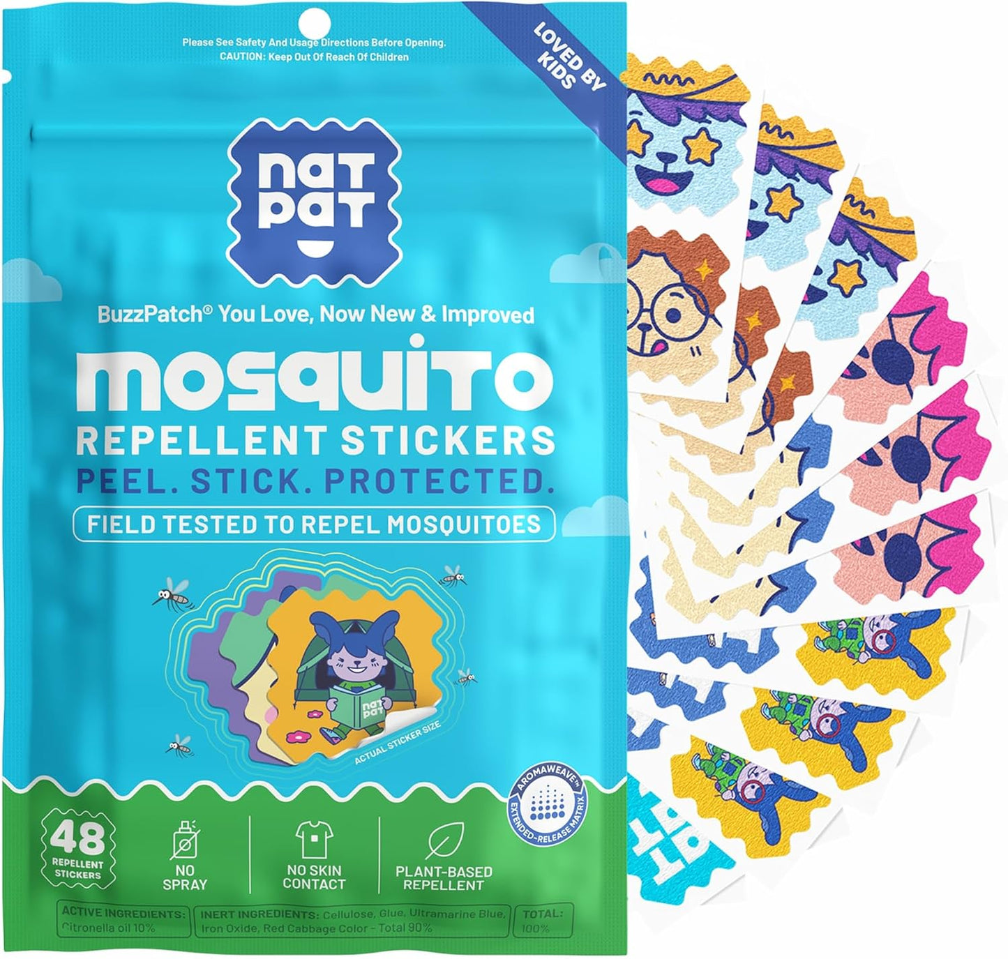 NATPAT Buzz Patch Mosquito Patch Stickers for Kids - Plant Based Ingredients, Non-Toxic - The Original All Natural Citronella Essential Oil Insect Patch, DEET Free, for Toddlers, Kids (48 Pack)