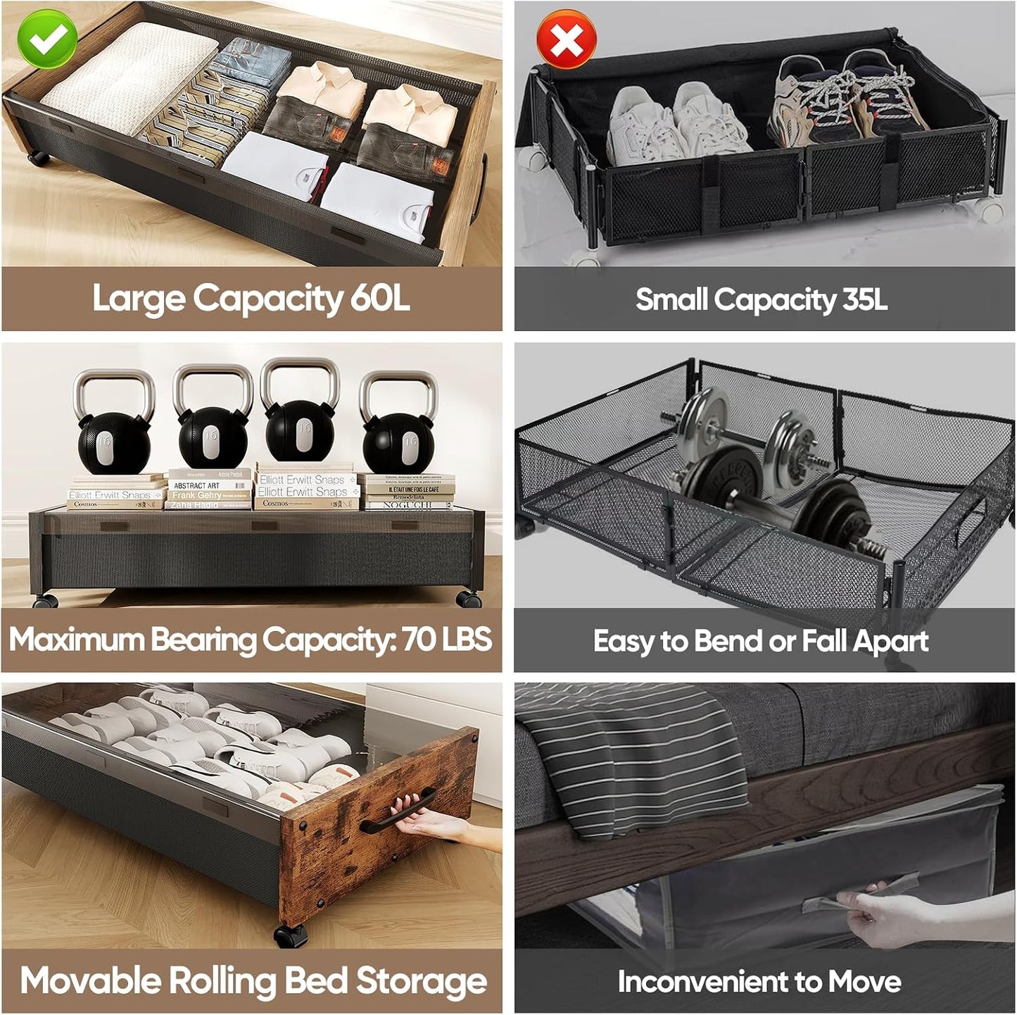 KITHELP Under Bed Storage Containers with Wheels, 2 Pack Underbed Shoe Storage Organizer with Removable Lids, Large Rolling Under Bed Storage Dresser Drawers for Clothes Toys Shoes Blankets